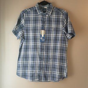 Essex Crossing Men's Washable Linen Short Sleeve Blue Plaid Button Down Top, S